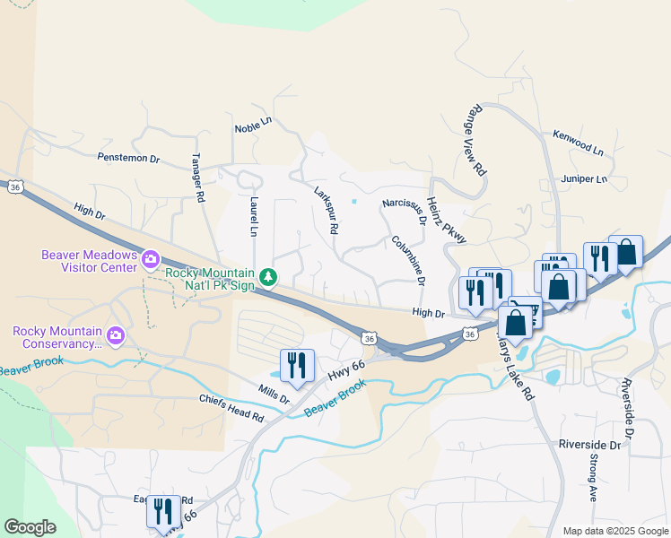 map of restaurants, bars, coffee shops, grocery stores, and more near 751 Larkspur Road in Estes Park