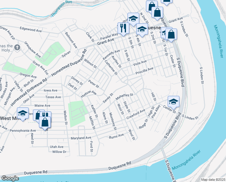 map of restaurants, bars, coffee shops, grocery stores, and more near 904 Savey Street in Duquesne