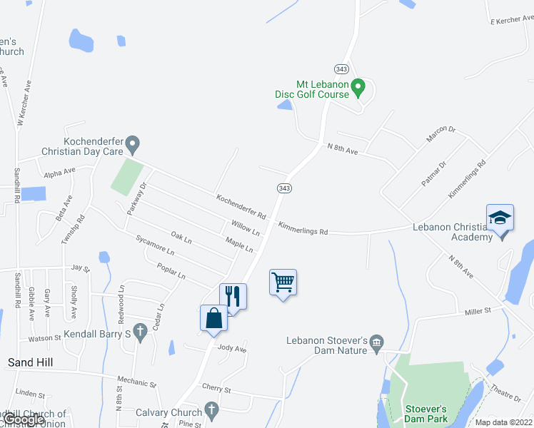 map of restaurants, bars, coffee shops, grocery stores, and more near 1705 North 7th Street in Lebanon