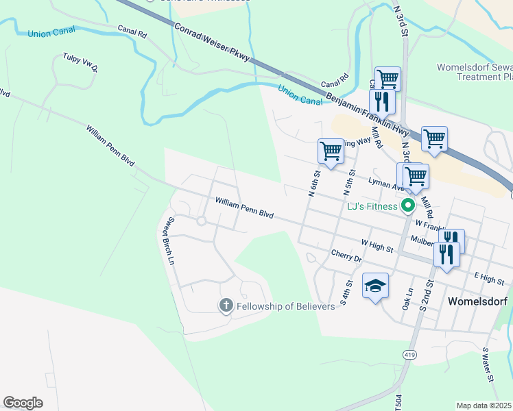 map of restaurants, bars, coffee shops, grocery stores, and more near 755 William Penn Boulevard in Womelsdorf