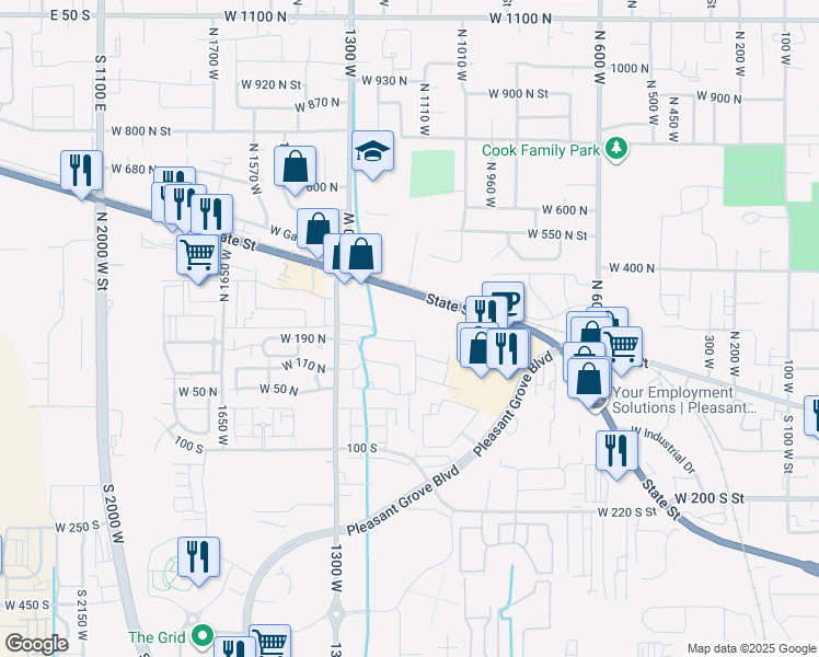 map of restaurants, bars, coffee shops, grocery stores, and more near 1121 West State Road in Pleasant Grove