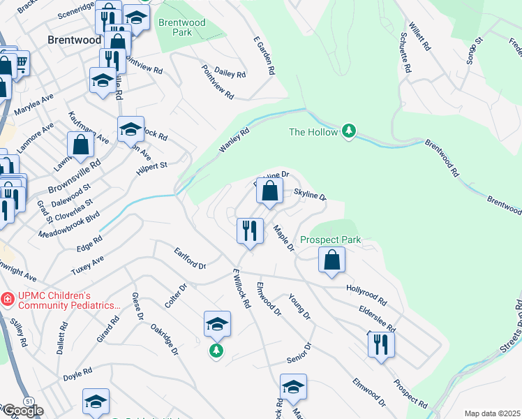 map of restaurants, bars, coffee shops, grocery stores, and more near 1620 Skyline Drive in Pittsburgh