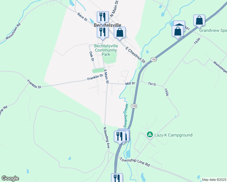 map of restaurants, bars, coffee shops, grocery stores, and more near 1652 South Main Street in Bechtelsville