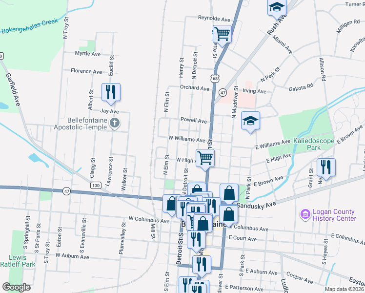 map of restaurants, bars, coffee shops, grocery stores, and more near 429 North Detroit Street in Bellefontaine