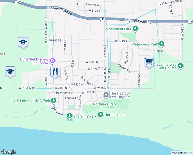 map of restaurants, bars, coffee shops, grocery stores, and more near 538 West Northlake Drive in Lehi