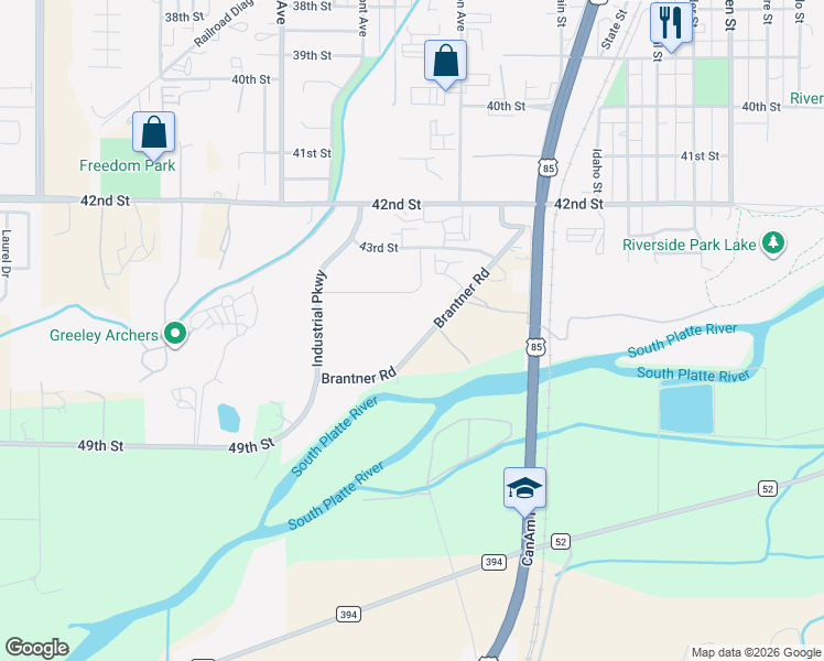 map of restaurants, bars, coffee shops, grocery stores, and more near 4611 Brantner Road in Evans