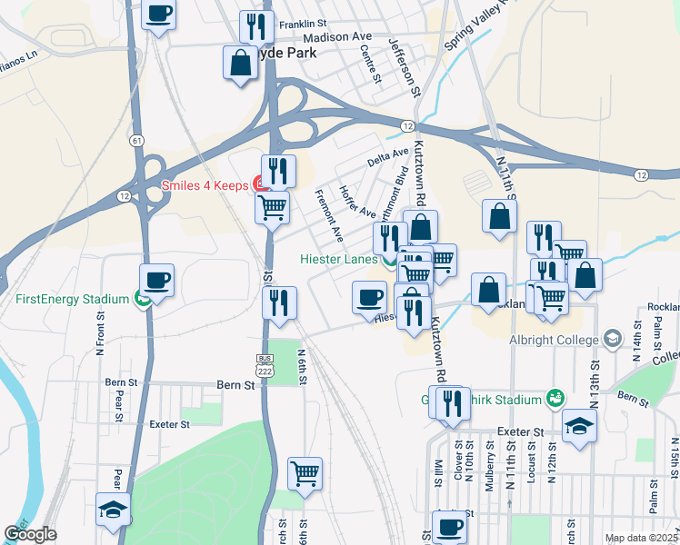map of restaurants, bars, coffee shops, grocery stores, and more near 601 Alton Avenue in Reading