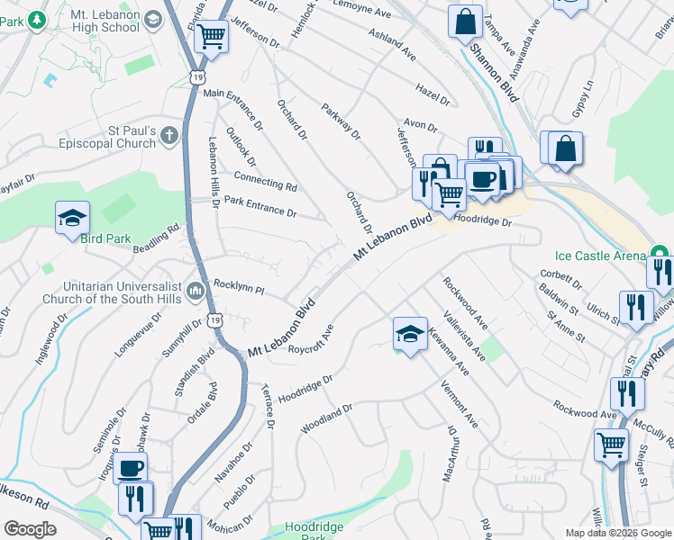 map of restaurants, bars, coffee shops, grocery stores, and more near 131 Mount Lebanon Boulevard in Pittsburgh