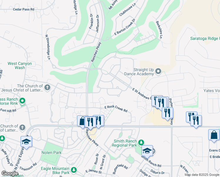 map of restaurants, bars, coffee shops, grocery stores, and more near 3676 Royal Troon Drive in Eagle Mountain