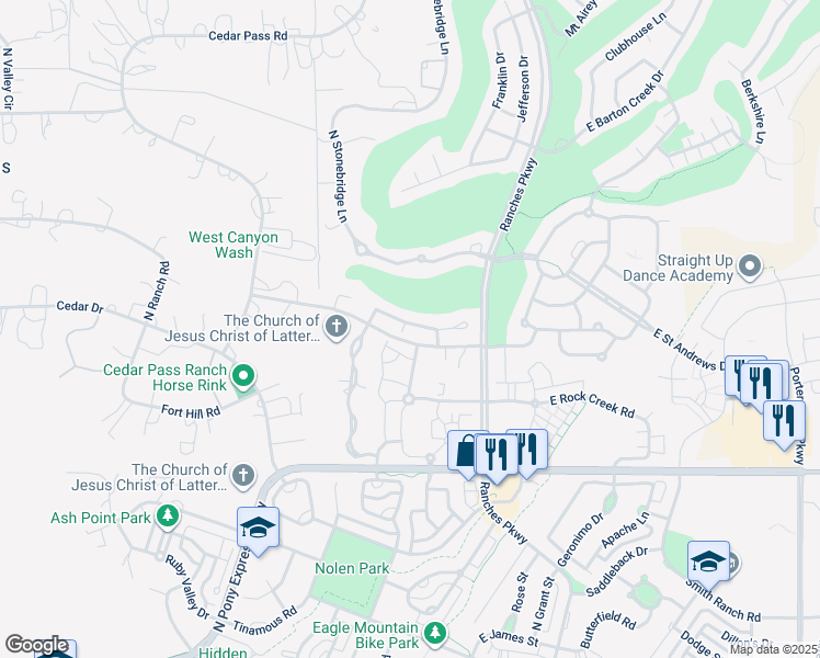 map of restaurants, bars, coffee shops, grocery stores, and more near 3362 Kennekuk Lane in Eagle Mountain