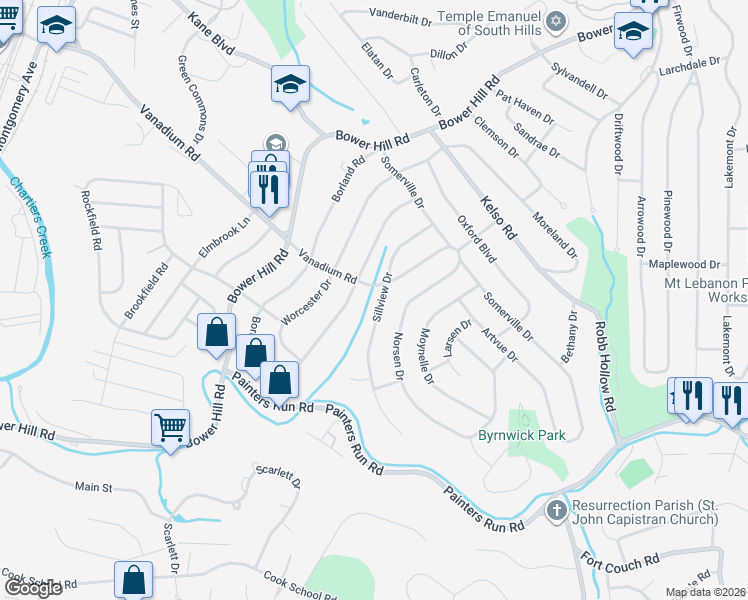 map of restaurants, bars, coffee shops, grocery stores, and more near 1710 Sillview Drive in Pittsburgh