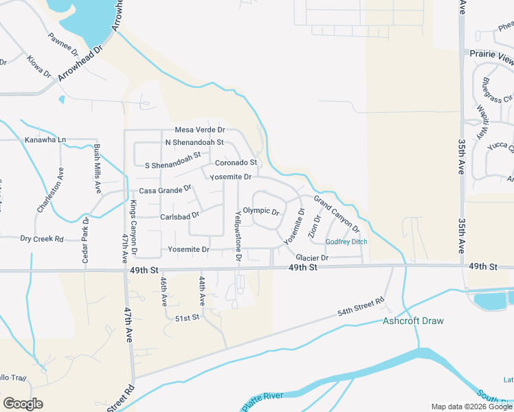 map of restaurants, bars, coffee shops, grocery stores, and more near 4213 Olympic Drive in Greeley