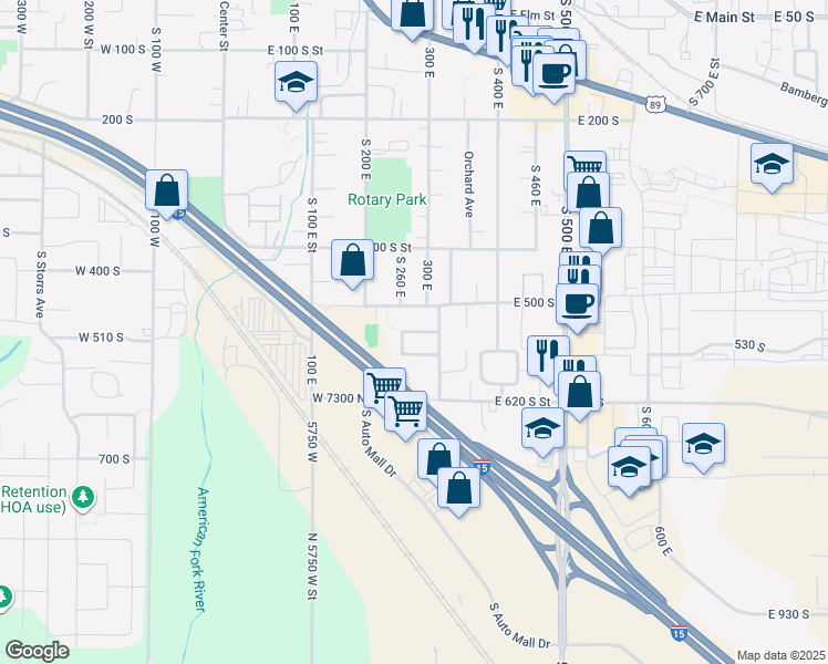 map of restaurants, bars, coffee shops, grocery stores, and more near 260 East 530 South Street in American Fork