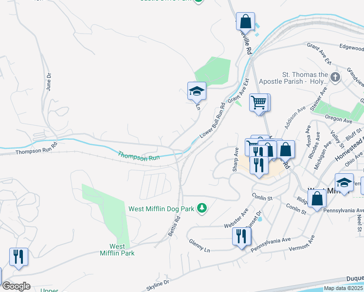 map of restaurants, bars, coffee shops, grocery stores, and more near 1508 Lower Bull Run Rd in West Mifflin