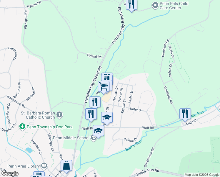 map of restaurants, bars, coffee shops, grocery stores, and more near 2026 Penny Lane Drive in Jeannette