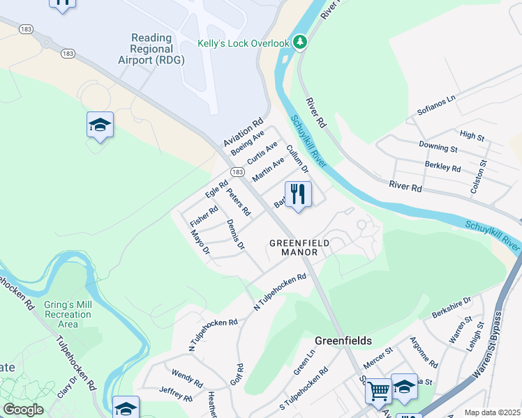 map of restaurants, bars, coffee shops, grocery stores, and more near 437 Morrison Road in Reading