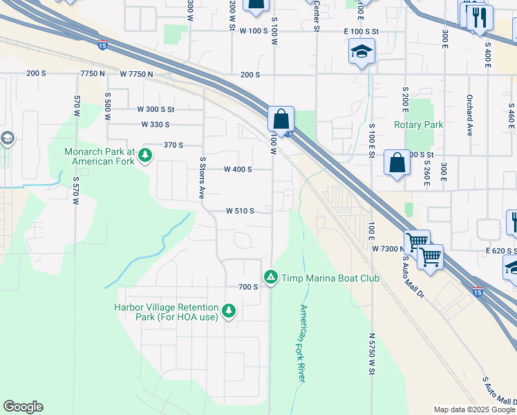 map of restaurants, bars, coffee shops, grocery stores, and more near 100 West 510 South in American Fork