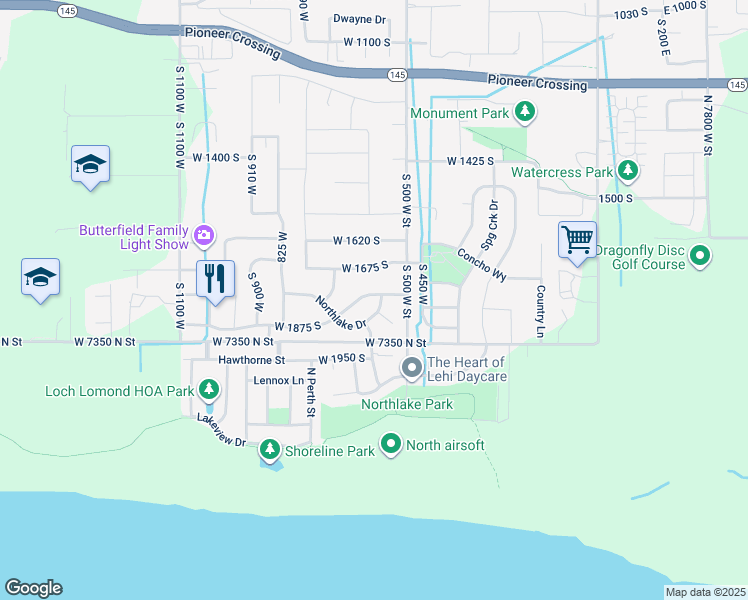 map of restaurants, bars, coffee shops, grocery stores, and more near 1783 Northlake Drive in Lehi
