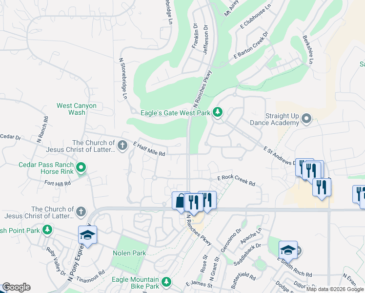 map of restaurants, bars, coffee shops, grocery stores, and more near 3482 Kennekuk Circle in Eagle Mountain