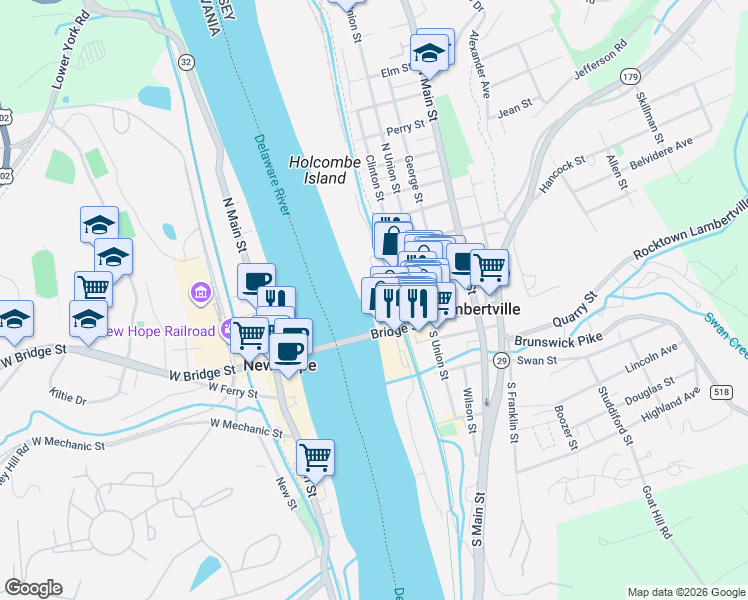 map of restaurants, bars, coffee shops, grocery stores, and more near 39 Lambert Lane in Lambertville