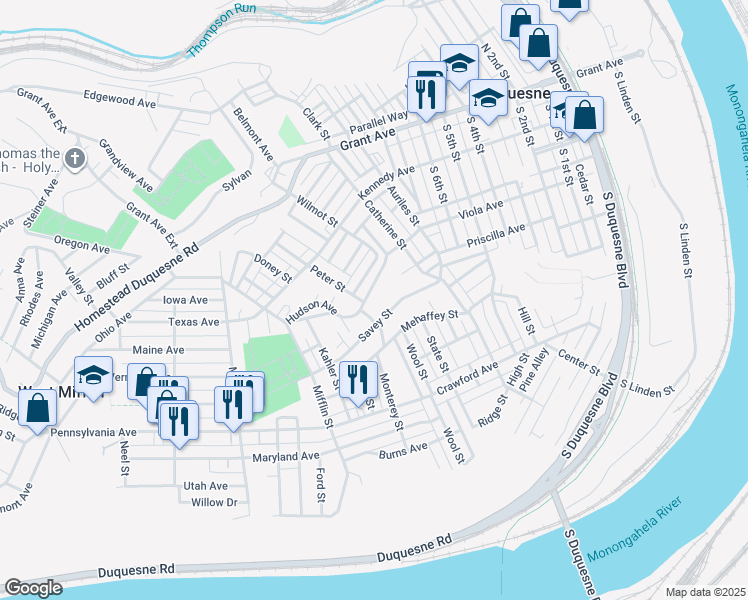 map of restaurants, bars, coffee shops, grocery stores, and more near 904 Savey Street in Duquesne