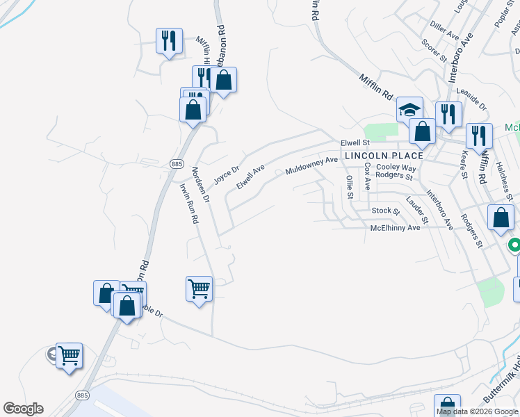 map of restaurants, bars, coffee shops, grocery stores, and more near 728 Muldowney Avenue in West Mifflin