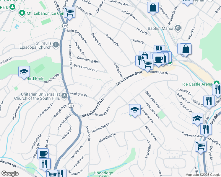 map of restaurants, bars, coffee shops, grocery stores, and more near 128 Rock Haven Lane in Pittsburgh