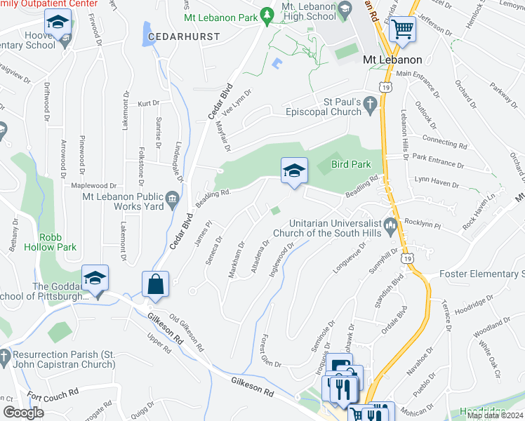 map of restaurants, bars, coffee shops, grocery stores, and more near 40 Markham Drive in Pittsburgh