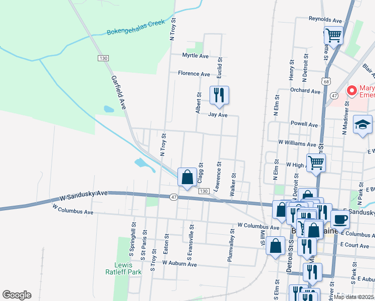 map of restaurants, bars, coffee shops, grocery stores, and more near 400 North West Street in Bellefontaine