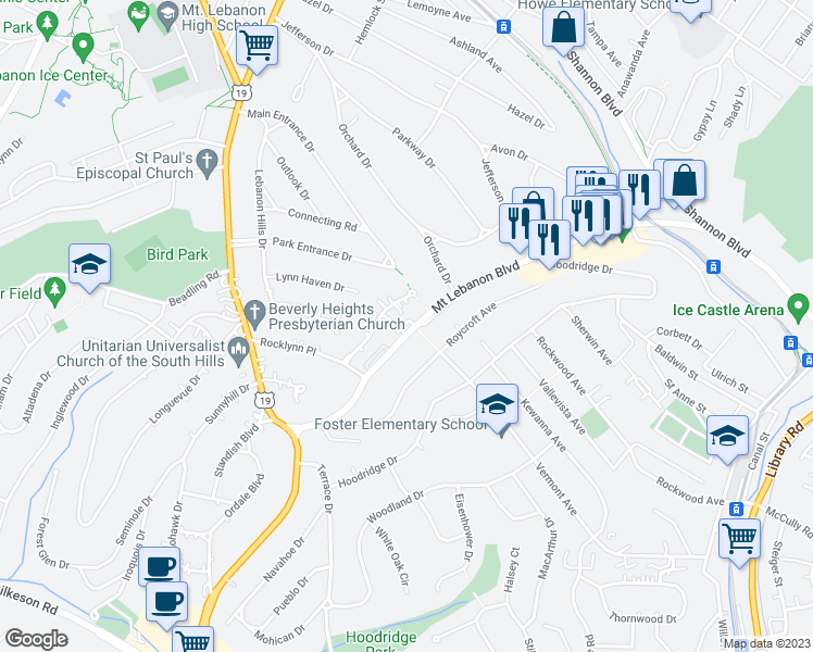 map of restaurants, bars, coffee shops, grocery stores, and more near 131 Mount Lebanon Boulevard in Pittsburgh
