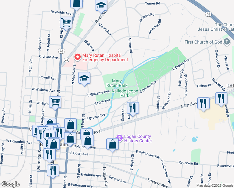 map of restaurants, bars, coffee shops, grocery stores, and more near 503 East High Avenue in Bellefontaine