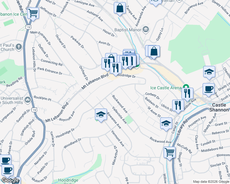 map of restaurants, bars, coffee shops, grocery stores, and more near 310 Hoodridge Drive in Pittsburgh
