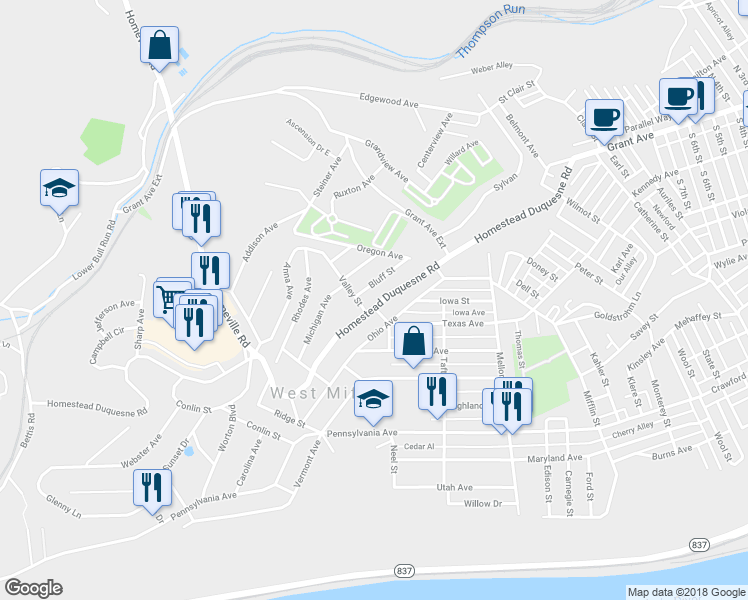 map of restaurants, bars, coffee shops, grocery stores, and more near 1874 Homestead Duquesne Road in West Mifflin