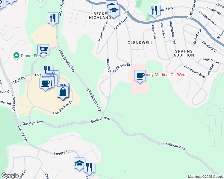 map of restaurants, bars, coffee shops, grocery stores, and more near 520 Lauretta Drive in Steubenville