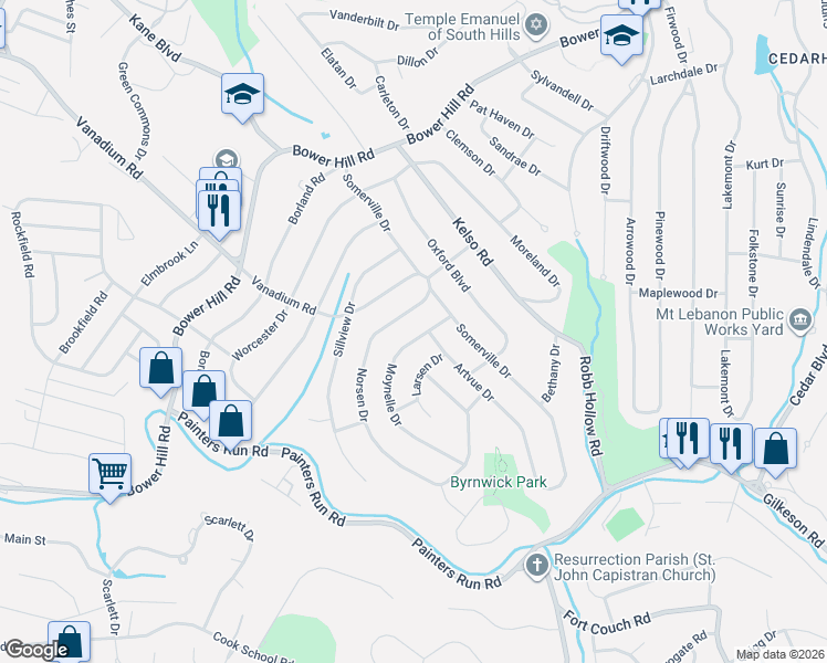map of restaurants, bars, coffee shops, grocery stores, and more near 1632 Moynelle Dr in Pittsburgh