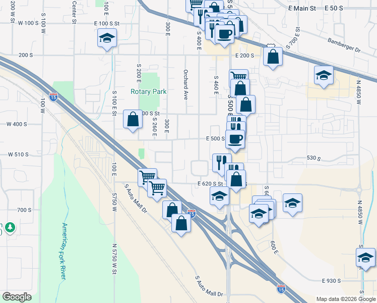 map of restaurants, bars, coffee shops, grocery stores, and more near 545 South 360 East in American Fork