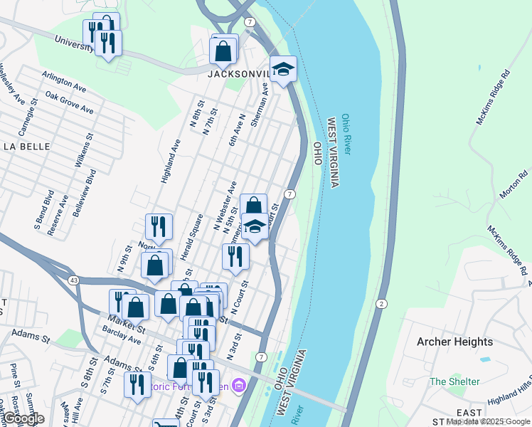 map of restaurants, bars, coffee shops, grocery stores, and more near 320 Clinton Avenue in Steubenville