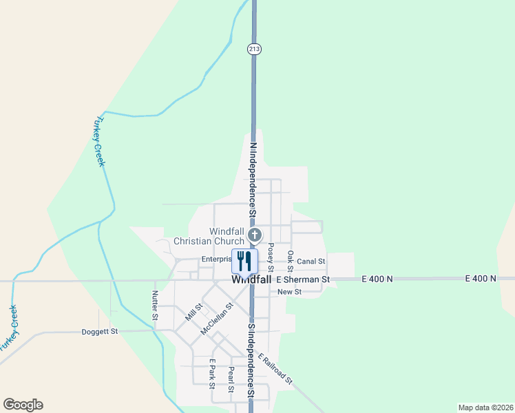 map of restaurants, bars, coffee shops, grocery stores, and more near 419 North Independence Street in Windfall