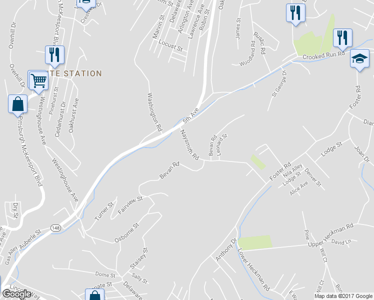 map of restaurants, bars, coffee shops, grocery stores, and more near 518 Naysmith Road in North Versailles