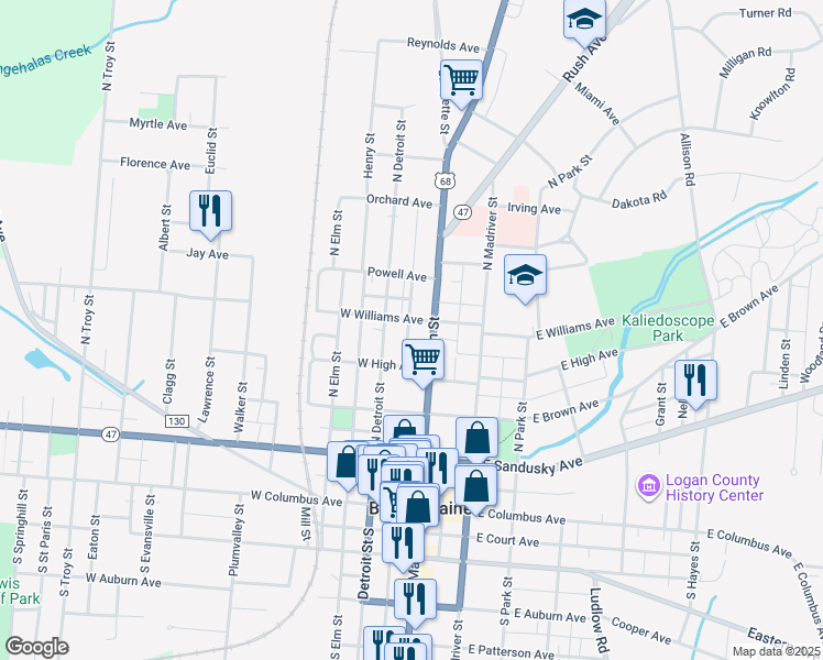map of restaurants, bars, coffee shops, grocery stores, and more near 113 Williams Avenue in Bellefontaine