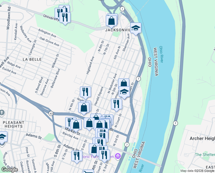 map of restaurants, bars, coffee shops, grocery stores, and more near 529 Logan Street in Steubenville