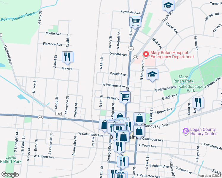 map of restaurants, bars, coffee shops, grocery stores, and more near 429 North Detroit Street in Bellefontaine