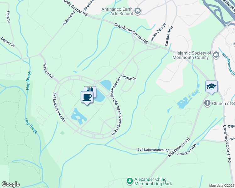 map of restaurants, bars, coffee shops, grocery stores, and more near 25 Langton Drive in Holmdel