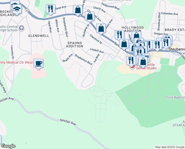 map of restaurants, bars, coffee shops, grocery stores, and more near 599 Braybarton Boulevard in Steubenville