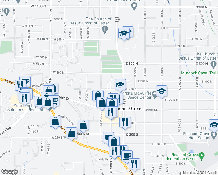 map of restaurants, bars, coffee shops, grocery stores, and more near 10 West 200 North Street in Pleasant Grove