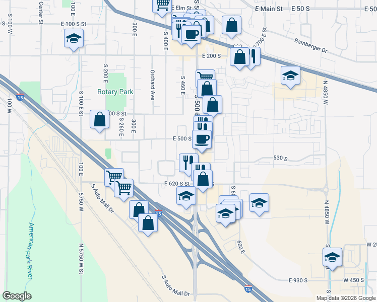 map of restaurants, bars, coffee shops, grocery stores, and more near 538 South 500 East in American Fork