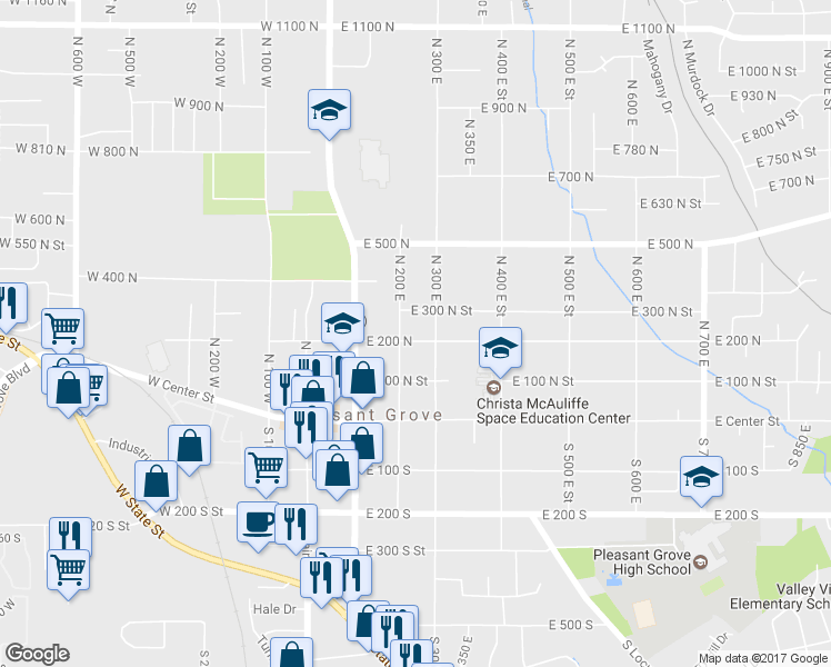 map of restaurants, bars, coffee shops, grocery stores, and more near 255 East 200 North in Pleasant Grove