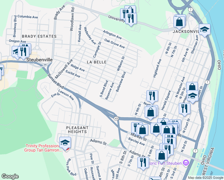 map of restaurants, bars, coffee shops, grocery stores, and more near 328 Reserve Avenue in Steubenville