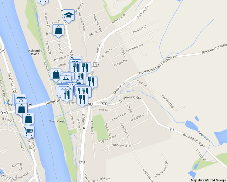 map of restaurants, bars, coffee shops, grocery stores, and more near 52 Quarry Street in Lambertville