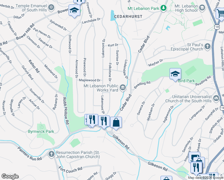 map of restaurants, bars, coffee shops, grocery stores, and more near 1279 Folkstone Dr in Pittsburgh